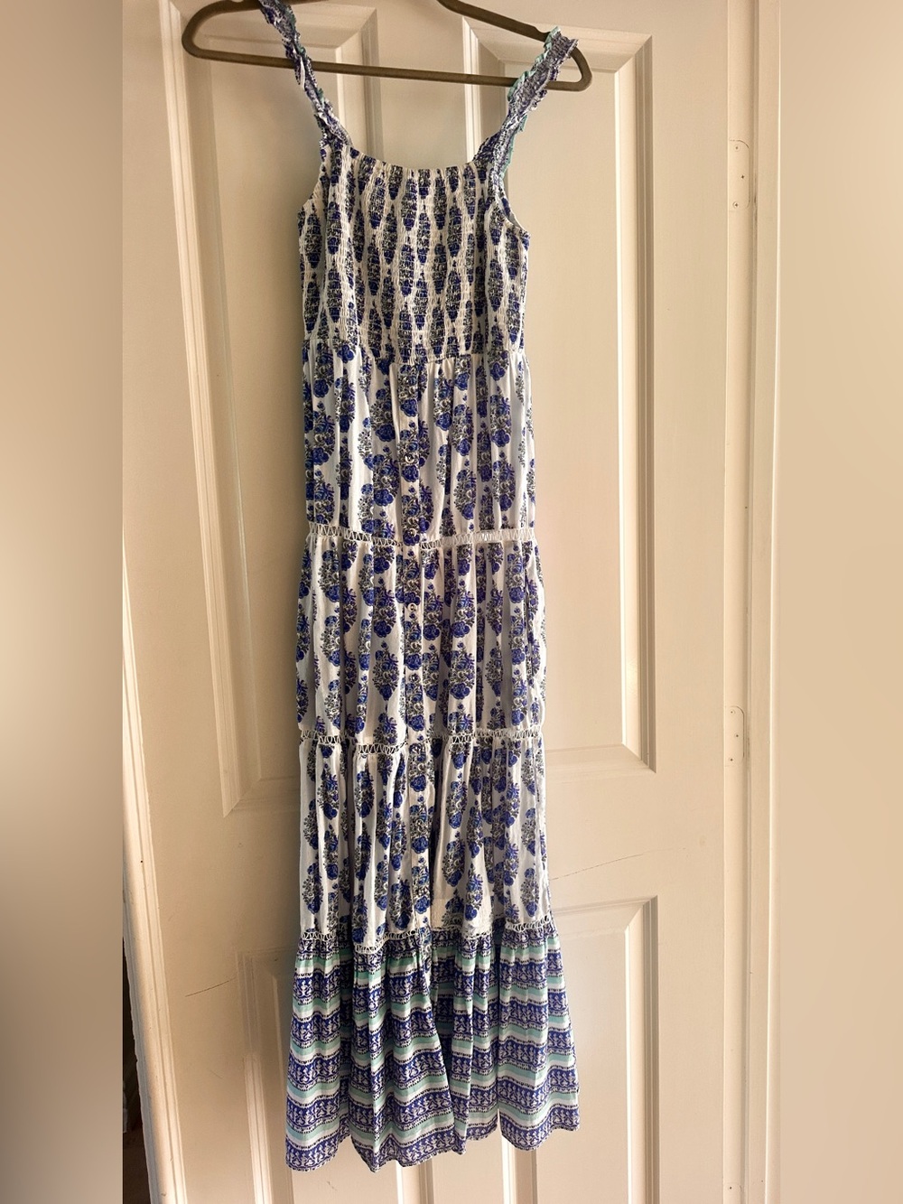 Blue & White Floral Tiered Maxi Dress with Smocked Bodice